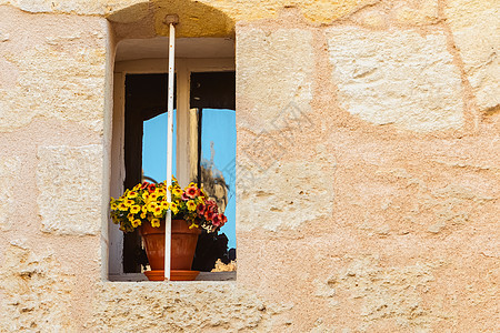 用旧窗子和黄花盆的石头墙酒吧花岗岩历史性蓝色植物旅行村庄房子游客框架图片
