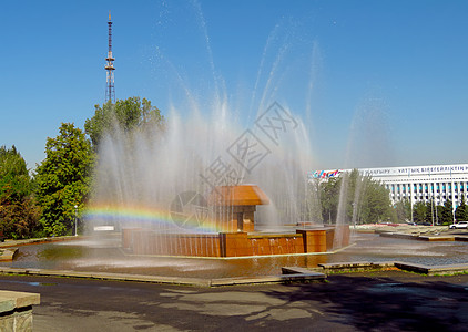阿拉木图市喷泉运动天空白色旅行蓝色城市建筑学公园背景图片