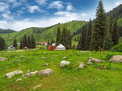 树图天山山脉场景国家蒙古包山脉冒险远足旅游公园绿色爬坡背景