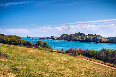 法国布列塔尼河沿岸岩石海岸 Grouin风景观天蓝色全景海浪支撑太阳海景悬崖天空石头海鸥图片