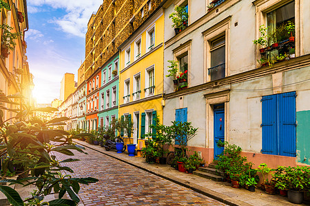 法国巴黎Cremieux街 法国巴黎住宅街道国家灌木窗户彩色自行车建筑地标树木图片