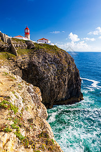 灯塔 葡萄牙萨格雷斯卡波地标海岸线风暴支撑旅游海滩岩石波浪圣文图片