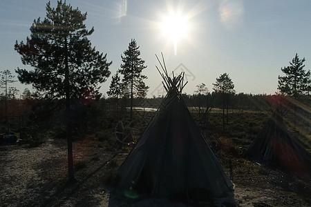 在森林和日落的背景下 黄地是林苔原和苔原的栖息地针叶林旅行阴影木头游牧民族圆圈雪堆火炉太阳牧民图片