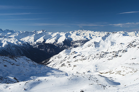 高山山脉下雪覆盖山谷的风景全景爬坡道山腰山脉高山顶峰山峰蓝色天气季节远景图片