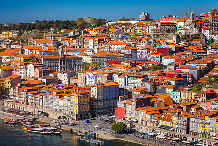 葡萄牙波尔图 多罗河上的葡萄牙老城 观光全景日光天际房子历史性地标大教堂吸引力建筑学爬坡天线图片