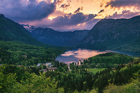 Julian Alps的Bohinj湖空中视图天线公园森林肋骨环境高地风景教会地标浸信会图片