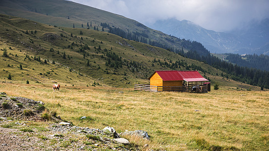 罗马尼亚特兰萨尔皮纳帕拉恩山的谢泼德小屋高山森林高度风景高地羊圈季节农业爬坡天空图片