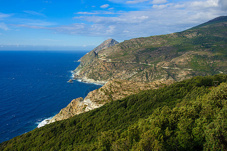 Cap Corse 浮景风景绿色海岸旅行假期大礼包支撑蓝色天空马戏团背景图片