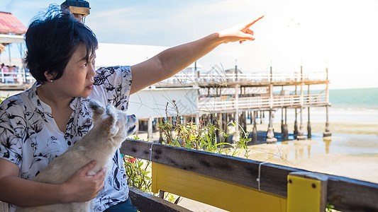 旅行时在海滩和海上的亚洲妇女和狗贵宾忠诚友谊女性犬类朋友手指女孩宠物女士图片