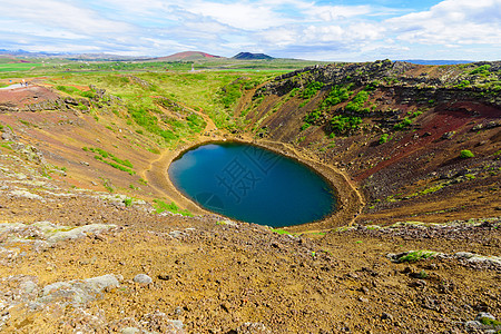 火山冰川湖 Kerid天空火山旅行火山口旅游蓝色陨石风景圆形绿色图片