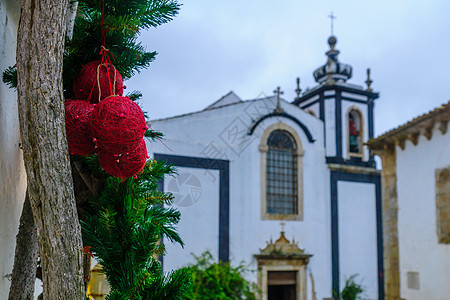 圣圣诞节装饰品和在Obidos的圣佩德罗教堂文化房子建筑地标景观教会村庄建筑学蓝色纪念碑图片