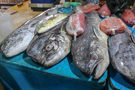 在巴厘岛金巴兰的旅游胜地当地市场上出售新鲜的海鲜鱼 鲜鱼待售 台面上的多拉多海豚鱼也被称为 mahimahi 或盐水骑马海洋食物图片