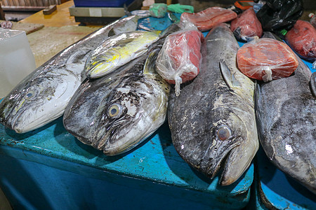 在巴厘岛金巴兰的旅游胜地当地市场上出售新鲜的海鲜鱼 鲜鱼待售 台面上的多拉多海豚鱼也被称为 mahimahi 或盐水渔业热带运动图片