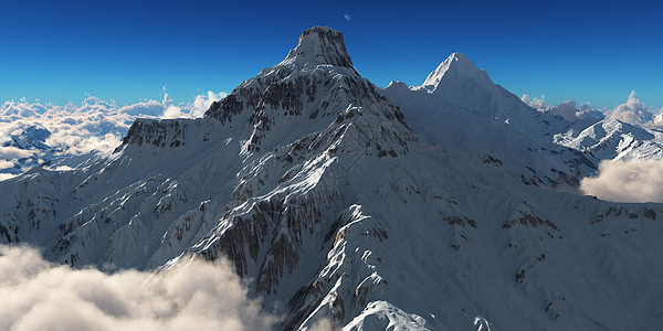 计算机生成了3D插图 在云层上分布着山地全景渲染顶峰空气山脉高山石头旅游环境蓝色冰川图片