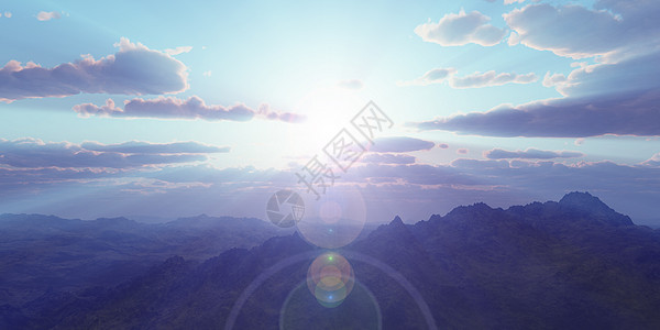 在云彩日落的山全景 计算机生成的 3D 图案沙漠3d外星人插图太阳天空天线渲染旅行爬坡图片