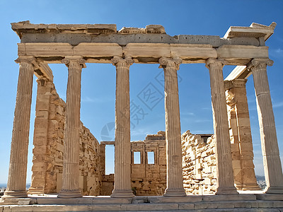 雅典奥运会希腊雅典著名的基督教会寺庙希腊雅典指导宗教古董首都蓝色建筑全景历史性废墟海洋背景