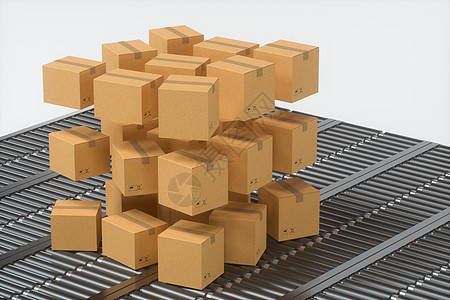 运输传送带上集装箱箱的运输 3D发件人工厂货运货物腰带纸板机器输送带商品包装棕色图片
