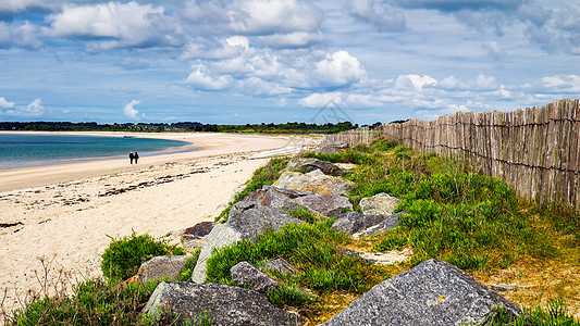 Landrezac海滩 Sarzeau Morbihan Britanny布列塔涅 Fran脚印远足苔藓栅栏海岸线人行道天空蓝色图片