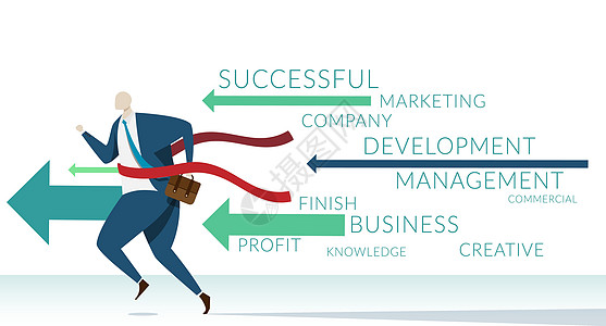 商务人士跑到终点线与成功业务组件的关键字 具有成功管理理念的业务图片