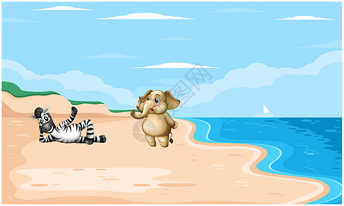 斑马和大象在海滩上玩插图艺术蓝色运动丛林卡通片动物园宠物沙漠哺乳动物图片