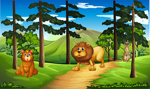 动物在森林中一起玩耍绘画犬类朋友卡通片森林丛林公园叶子植物哺乳动物图片