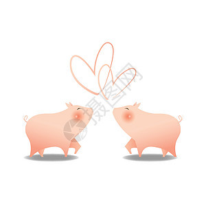 两只可爱的小猪微笑着 粉红色的大脸颊面对面 心形鞋面是白色背景中孤立的爱情情感 中国新年快乐图片