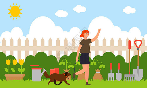 妇女与她的狗一起在花园里散步房子园艺农场女士插图喜悦栅栏幸福环境公园图片