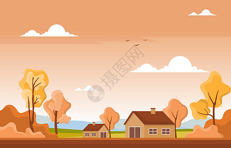 秋季秋季树金黄色自然全景景观场景花园国家农场旅行地平线插图农村土地公园图片