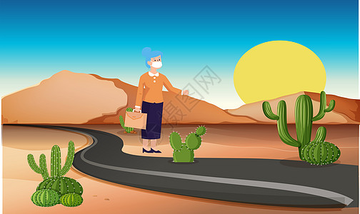 站在沙漠公路上的老妇人运动冒充公园街道沙漠旅行场景女孩吸引力旅游图片