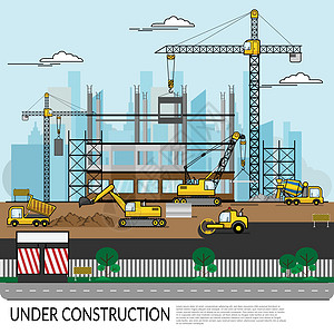 繁忙的建筑工地的矢量 工人卡车起重机和重型设备在建筑结构上工作 背景是城市景观 施工图项目品牌插图广告标识工程师建筑学建造战略图图片