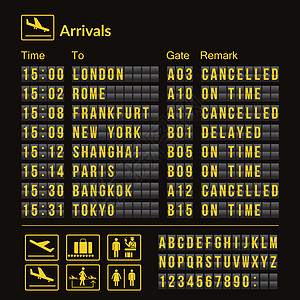 矢量机场板隔离 现实翻转记分牌机场模板 带有字母和数字的黑色 3d 机场板 深色背景上的模拟机场板字体 目的地屏幕板 ep图片