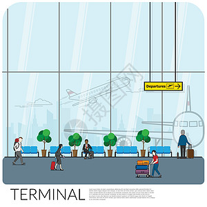 现代机场航站楼等候登机大厅的室内设计 有许多乘客作为游客和商务人士 在大透明窗户玻璃背景后面有飞机和城市景观  EPS1图片