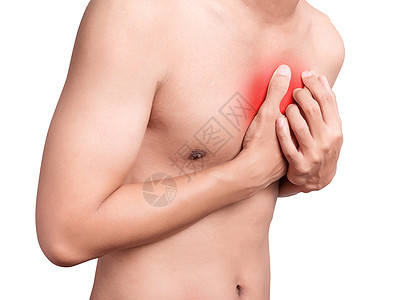 胸口疼痛 心脏病发作 乳房红色突出显示 在白色背景中与白隔绝 医疗保健和医疗概念图片