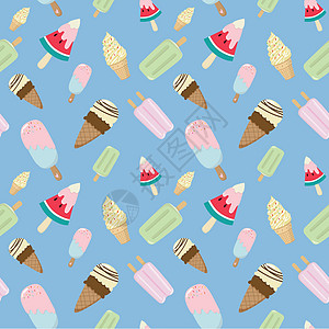 冰淇淋甜筒和冰淇淋棒在蓝色背景上的无缝模式 冰淇淋线插图背景 创意粉彩概念图片