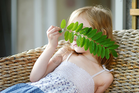 可爱的小女孩躲在树叶后面女性孩子女儿享受隐藏叶子微笑乐趣幸福头发图片