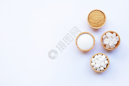 各种白底糖的种类 在白色背景粮食烹饪精制立方体活力健康勺子谷物种子甘蔗图片