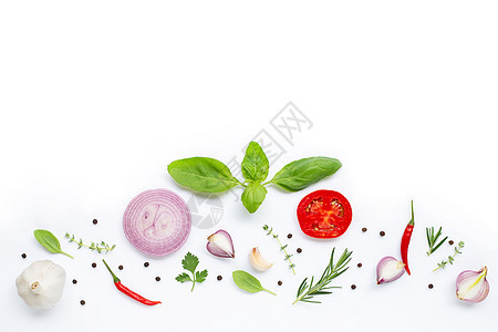 白色背景的各种新鲜蔬菜和草本植物 健康香料迷迭香美食营养胡椒午餐火腿烹饪厨房百里香图片