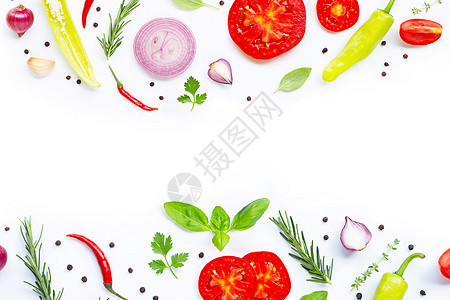 白色背景的各种新鲜蔬菜和草本植物 健康香料美食午餐迷迭香百里香小吃食物胡椒厨房草药图片