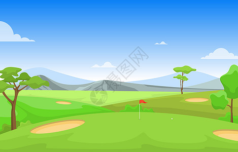 高尔夫球场旗绿草树户外运动景观闲暇课程风景俱乐部土地场地插图地面草地爬坡图片