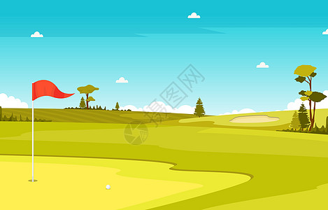高尔夫球场旗绿草树户外运动景观风景俱乐部高尔夫球天空插图闲暇活动课程丘陵地面图片