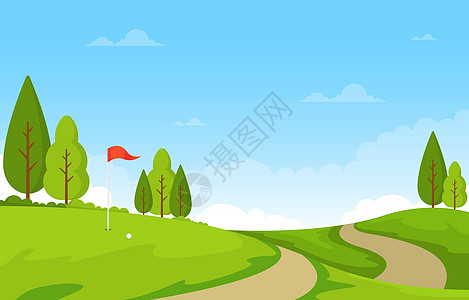 高尔夫球场旗绿草树户外运动景观游戏土地假期农村场地高尔夫球球座场景课程丘陵图片