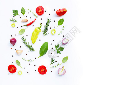 白色背景的各种新鲜蔬菜和草本植物 健康烹饪草药小吃火腿午餐百里香香料美食胡椒迷迭香图片