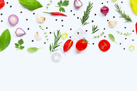 白色背景的各种新鲜蔬菜和草本植物 健康食物迷迭香胡椒美食火腿厨房营养午餐香料饮食图片