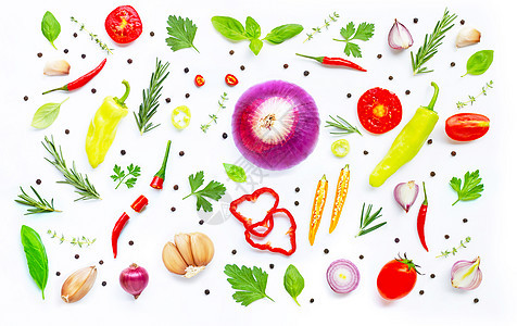 白色背景的各种新鲜蔬菜和草本植物 健康烹饪小吃饮食火腿胡椒香料午餐食物营养厨房图片
