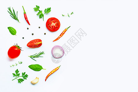 白色背景的各种新鲜蔬菜和草本植物 健康饮食厨房草药香料烹饪胡椒食物营养午餐火腿图片