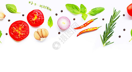 各种新鲜蔬菜和草药 在白色背景之上 希亚营养美食胡椒烹饪食物百里香香料迷迭香火腿小吃图片