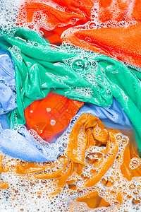 彩色衣服先浸泡再洗洗涤剂垫圈蓝色身体织物肥皂家务洗衣店泡沫浴缸图片