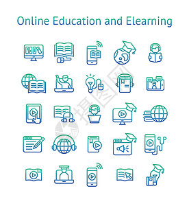 在线教育和电子学习渐变图标集图片