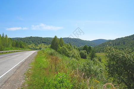 穿过山路 夏月风景国家森林沥青天空绿色蓝色土地旅行地平线乡村图片