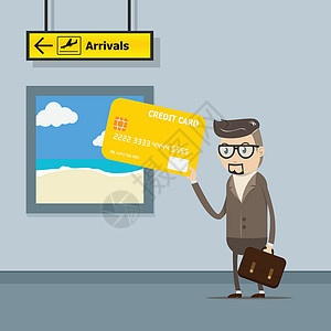 矢量图 Eps10 商务人士在带有离境标志的机场旅行时使用信用卡付款 手拿着信用卡 信用卡银行金融概念图片
